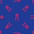 Red Blacksmith pliers tool icon isolated seamless pattern on blue background. Vector