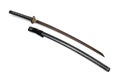 Red blade Japanese sword black cord with shiny ray skin wrapped scabbard