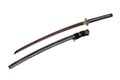 Red blade Japanese sword black cord with shiny ray skin wrapped scabbard