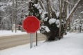Red blank warning sign in a snowy environment. Royalty Free Stock Photo