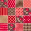 Red blanket in country style. Quilt design with rose flowers and geometric ornament. Seamless patchwork pattern.