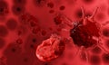 Red blood cells are attacked by a virus. The coronavirus or covid-19 model destroys blood cells. Virus or bacteria simulation Royalty Free Stock Photo