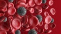 Red blood cells and coronavirus isolated on red background. Multiple objects. Erythrocytes. COVID-19 pandemic.