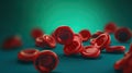 Red blood cells flowing on green background in scientific abstraction. Health and medicine concept.