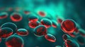 Red blood cells flowing on green background in scientific abstraction. Health and medicine concept.