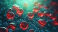 Red blood cells flowing on green background in scientific abstraction. Health and medicine concept.