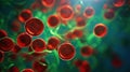 Red blood cells flowing on green background in scientific abstraction. Health and medicine concept.