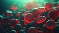 Red blood cells flowing on green background in scientific abstraction. Health and medicine concept.