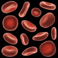 Red blood cells with high detailed surface . Set of different view and shape . Black isolated background . 3D rendering