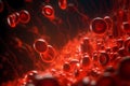 Red blood cells in microscopic shot. Macro of the flow inside body blood vessels that bring oxygen to the heart. Royalty Free Stock Photo