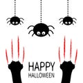 Red bloody claws animal scratch scrape track. Black cat scratching paw leg foot set. Hanging spider. Happy Halloween. Cute cartoon Royalty Free Stock Photo