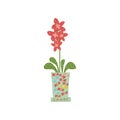 Red Blooming House Plant Growing in Cute Flowerpot, Design Element for Natural Home Interior Decoration Vector