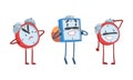 Red and Blue Alarm Clock Character Frowning and Standing with Backpack Vector Illustration Set Royalty Free Stock Photo