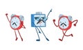 Red and Blue Alarm Clock Character Standing with Raised Hand and Running Vector Illustration Set Royalty Free Stock Photo