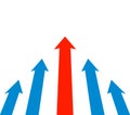 Red and blue arrows rise up. Rating raising business promoting, symbol of leadership, development and moving forward