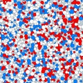 Red and blue atome particles chaotic background. Vector abstract illustration