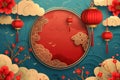 A red and blue background with a red circle in the middle. Chinese new year concept