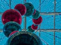 Red and blue ball on the roof of building