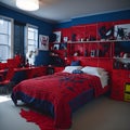 A red and blue bedroom with a spiderman theme created with Generative AI technology Royalty Free Stock Photo