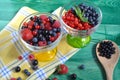 Red-blue berries on a green background of a healthy diet