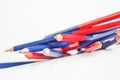 Red and blue bicolor pencils.