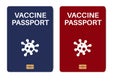 Red and Blue Biometric Covid-19 Vaccine passports on a white background