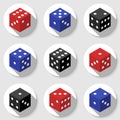 Red, blue and black casino dice on a white background.