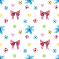Red and blue bows, swirl lollipop sucker with hearts seamless pattern