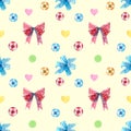 Red and blue bows, swirl lollipop sucker with hearts seamless pattern