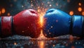 Red, blue boxing gloves clash intensely, creating burst of sparks, light. Dynamic image captures raw energy of combat, suggesting Royalty Free Stock Photo