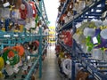 Red and blue cables, white, yellow green cables and conductors in the warehouse.