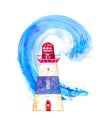 Red and blue cartoon lighthouse with ocean wave on background. Hand drawn watercolor illustration Royalty Free Stock Photo