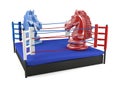 Red and blue chess knight confronting in boxing ring