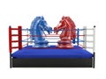 Red and blue chess knight confronting in boxing ring