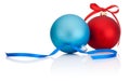 Red and Blue Christmas Ball with ribbon bow on white Royalty Free Stock Photo