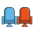 Red and blue cinema armchairs icon, cartoon style