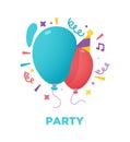 Red and blue, colorful party balloons. Birthday balloons in party hat, confetti. Vector illustration Royalty Free Stock Photo