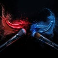 Red and blue cosmetic shades swirl from brushes, creating artistic pattern on black background Royalty Free Stock Photo