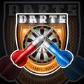 Red and blue darts crossed with round dartboard in center of shield. Sport logo for any darts game or championship Royalty Free Stock Photo