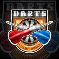 Red and blue darts crossed with round target in center of shield. Sport logo for any darts game or championship Royalty Free Stock Photo