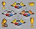 Red and blue darts crossed on round target between wings with cups and crown. Vector set of logo for any team