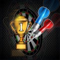 Red and blue darts with cup of first place on dartboard. Sport logo for any darts game or championship