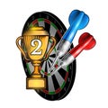 Red and blue darts with cup of second place on dartboard on white. Sport logo for any darts game or championship