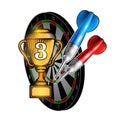 Red and blue darts with cup of third place on dartboard on white. Sport logo for any darts game or championship Royalty Free Stock Photo