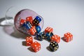 The red and blue dice lie on a white background and are scattered in a chaotic manner Royalty Free Stock Photo