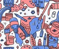 Red and blue doodle detailed seamless art pattern with different painting,drawing and crafts equipment Royalty Free Stock Photo