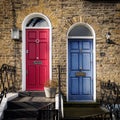 Red and Blue doors of a terrace Georgian house in London UK. Royalty Free Stock Photo