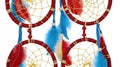Red blue dreamcatchers hanging, feathers, beads, white background, home decor Royalty Free Stock Photo
