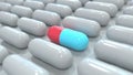 Red and blue drug capsule among many grey ones. Pharmaceutical search related conceptual 3D rendering