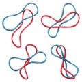 Red and blue elastic rubber bands isolated on a white background